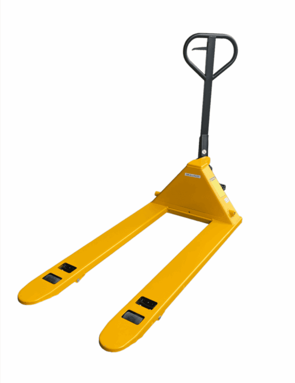 Yellow Pallet Jack featuring a black handle on a white background.