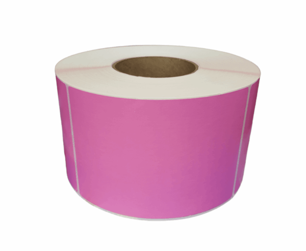 A large roll of Pink Thermal Transfer Labels, measuring 4" x 6", featuring a white border and ready for use.