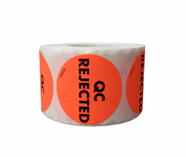 Roll of 2” QC Rejected Inventory Label stickers in orange.