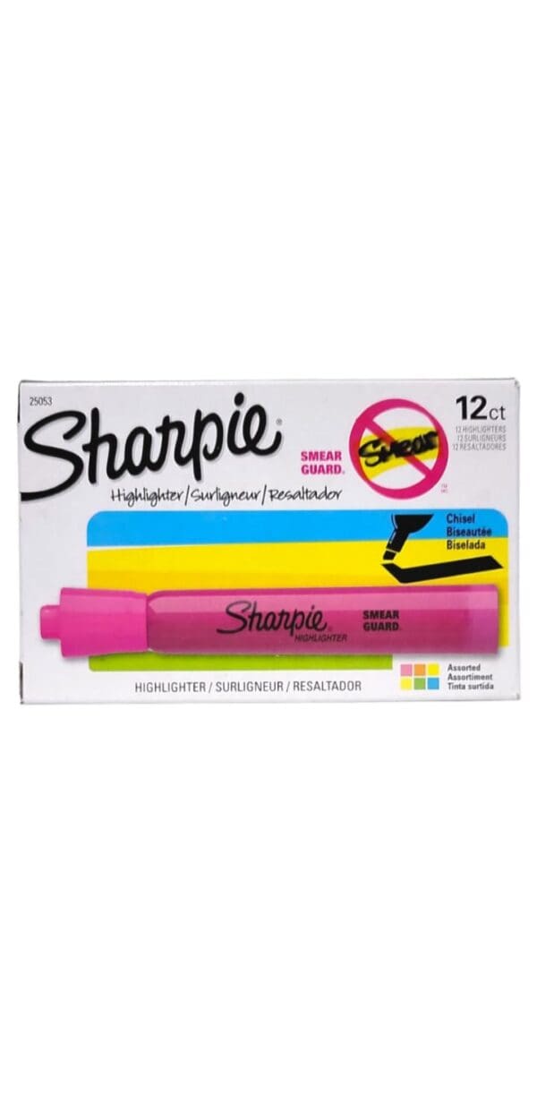 Pack of 12 Sharpie Tank Highlighter Chisel Tips with Smear Guard in assorted colors.