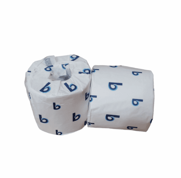 Two rolls of Toilet Tissue 2-ply wrapped in white paper with blue "b" patterns.