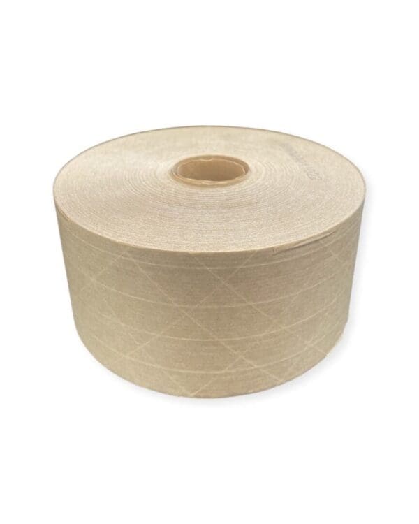 A large roll of 3” Water Activated Tape in beige, featuring a small central hole, displayed on a plain white background.