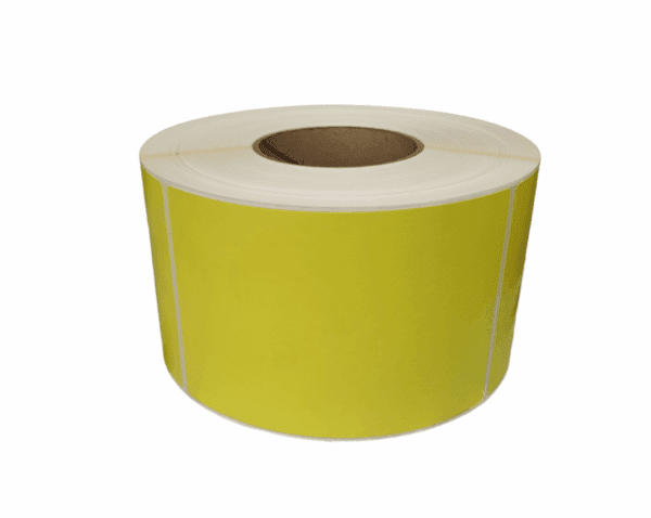 A large roll of Yellow Thermal Transfer Labels 4” X 6” featuring a visible cardboard core.