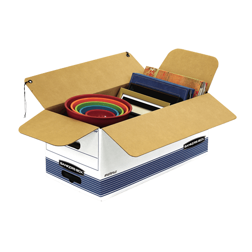 Open box with colorful measuring tapes and tools inside.