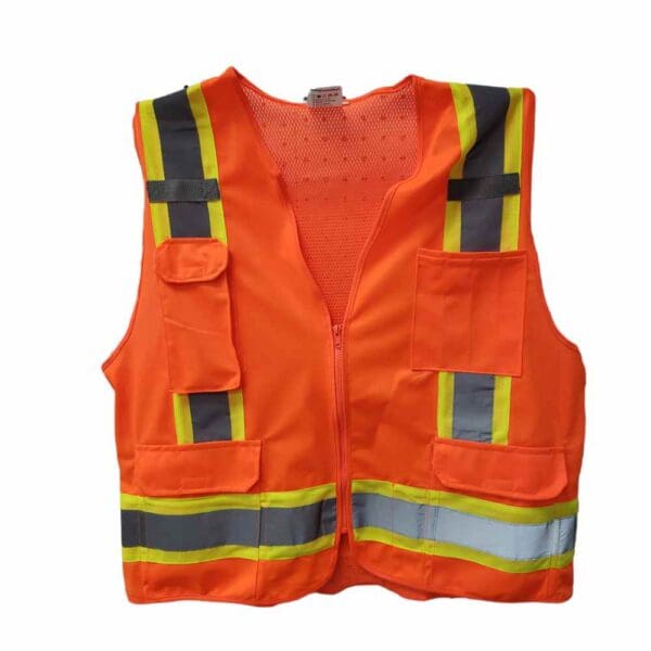 Bright orange safety vest with reflective yellow and gray stripes.