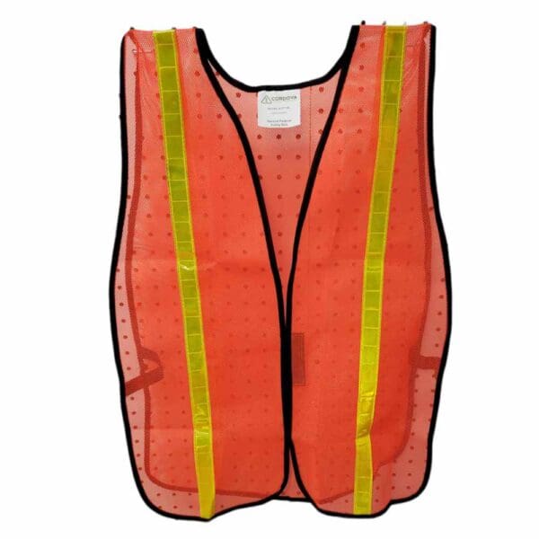 Orange safety vest with reflective yellow stripes and black trim.