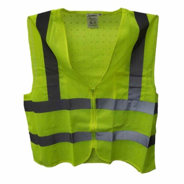 High-visibility safety vest with reflective stripes.