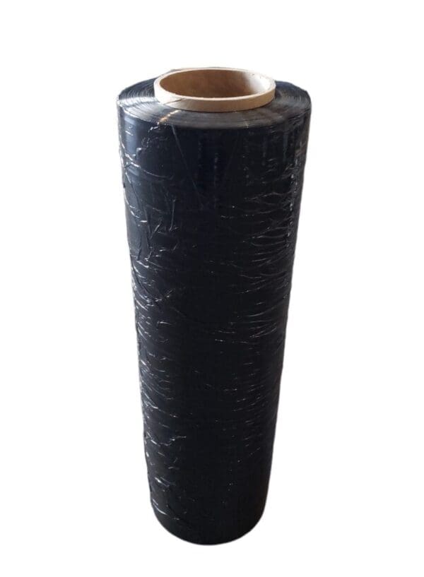 Roll of black plastic stretch wrap on a cardboard core.