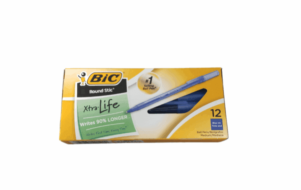 Box of BIC Round Stic pens with 12 blue ink pens.