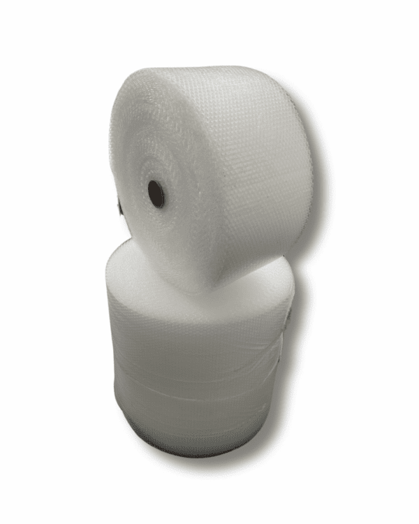 Two white rolls of bubble wrap stacked on a white background.