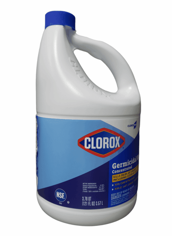 A large bottle of Clorox germicidal bleach with a handle.