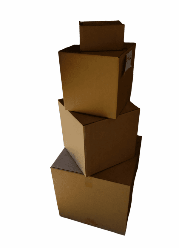A stack of four brown cardboard boxes arranged upright.