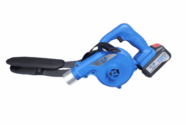 Blue cordless handheld blower with ergonomic handle and battery pack.