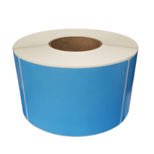 Roll of blue adhesive labels with perforations.