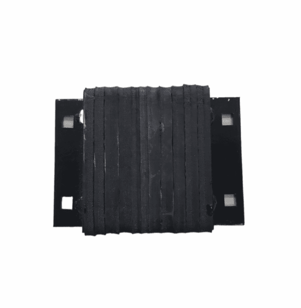 Black rubber vibration isolator with metal mounting plates.