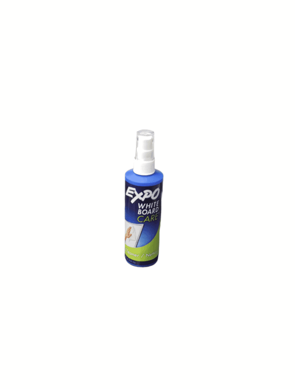 A blue spray bottle of Expo whiteboard cleaner with a white cap.