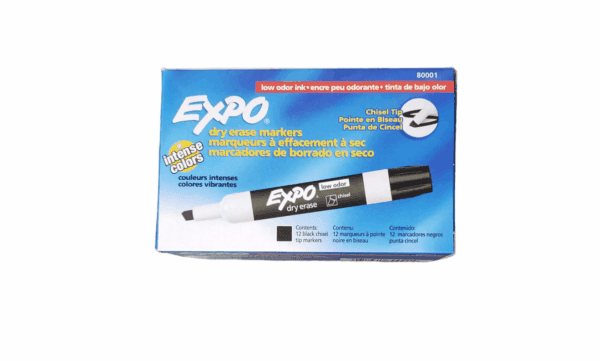 Box of Expo brand dry erase markers with two black markers shown.