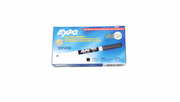 Box of Expo dry erase markers, black color, 12 count.