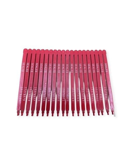 A set of red ballpoint pens arranged in a row.