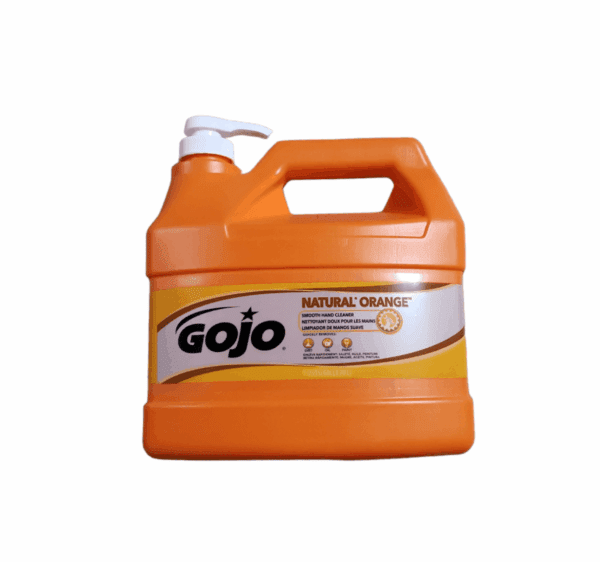 Orange container of Gojo hand cleaner with handle and label.