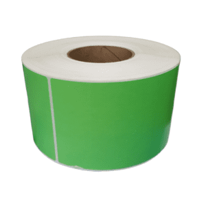 A roll of green adhesive labels with a white core.