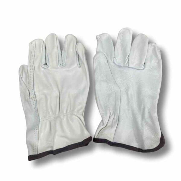 Pair of white leather work gloves with black trim.