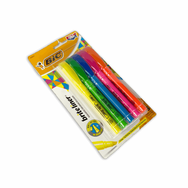 Pack of colorful Bic highlighters in a blister pack.