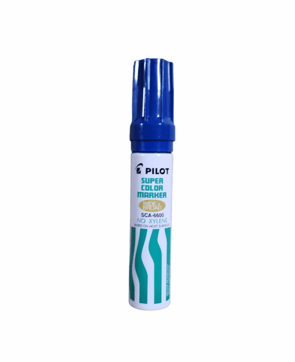 Blue Pilot board marker with a white and green striped body.