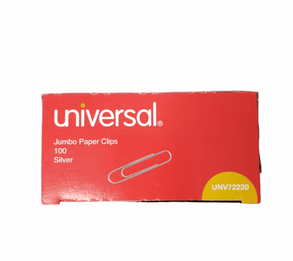 Box of Universal silver jumbo paper clips, 100 count.