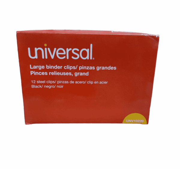 Box of Universal large binder clips, black, 12 count.