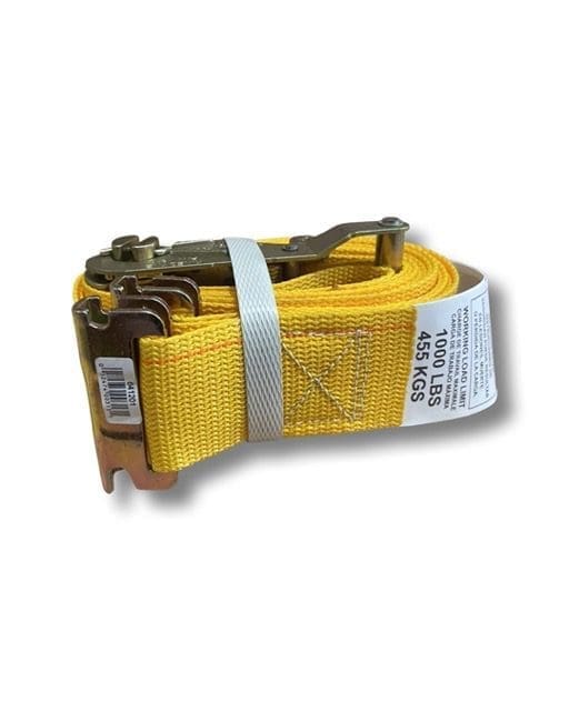Set of yellow lifting slings with metal hooks bundled together.