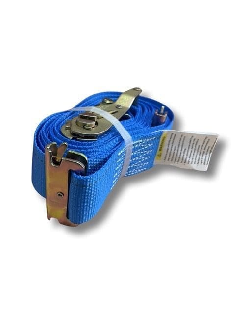 Blue ratchet strap with metal buckles for securing loads.