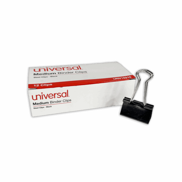 Box of Universal brand black binder clips with one clip outside the box.