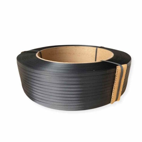 Roll of black plastic strapping band with cardboard core.