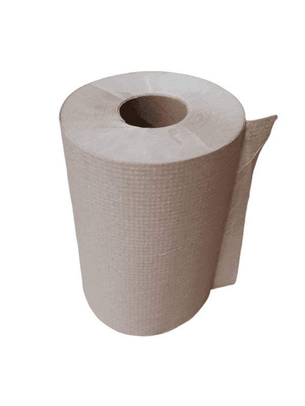 A roll of brown paper towels with a small section unrolled.