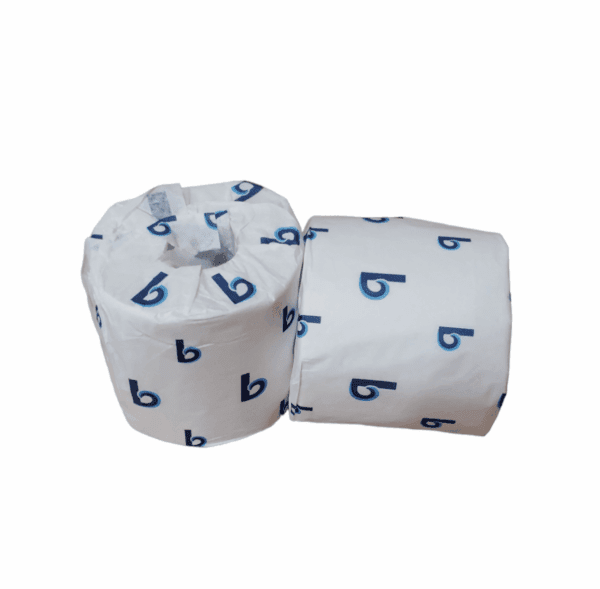 Two rolls of white toilet paper with blue 'b' logos.