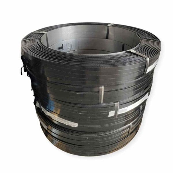 Coiled steel strapping band secured with metal clips.