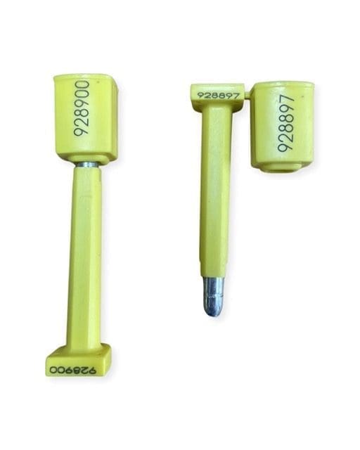 Yellow plastic security seals with unique serial numbers.