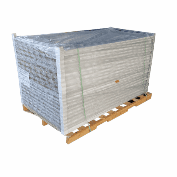 A stack of drywall sheets on a wooden pallet wrapped in plastic.