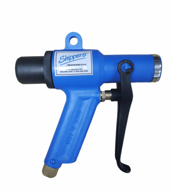 Blue pneumatic air blow gun with a trigger handle.
