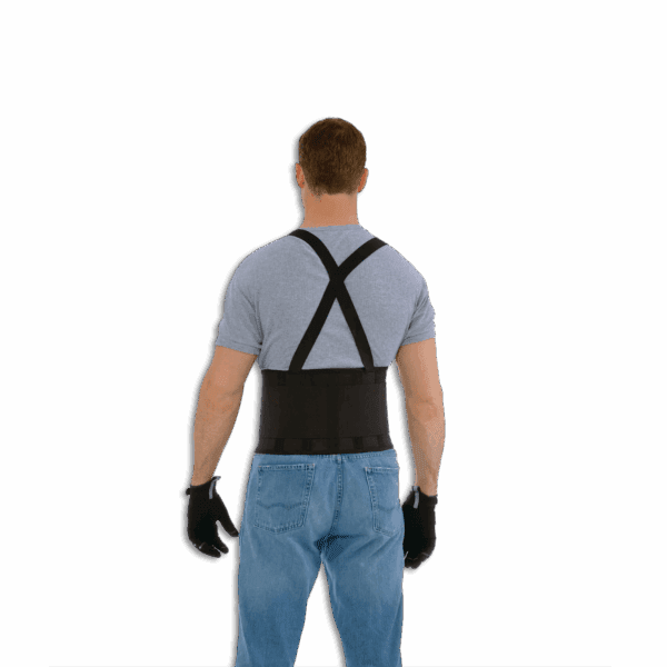 Man wearing a black back support belt and gloves, seen from the back.