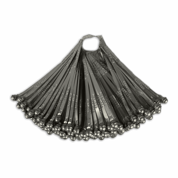 Set of silver metal hairpins with rounded ends arranged in a fan shape.