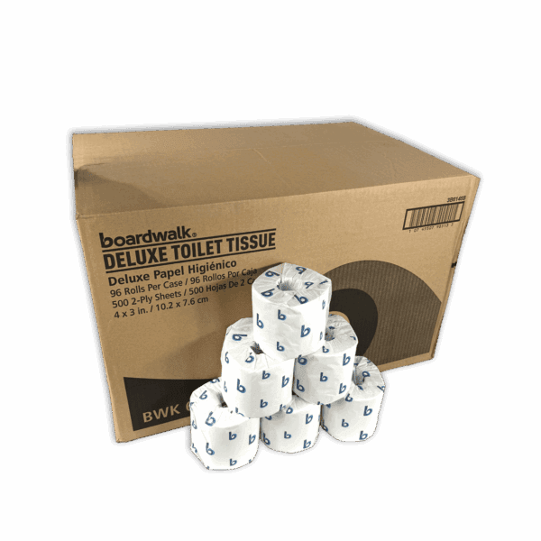 Bulk pack of toilet paper rolls stacked in front of a large cardboard box.