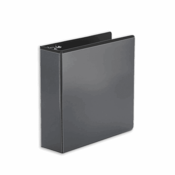 A black three-ring binder with a textured cover.