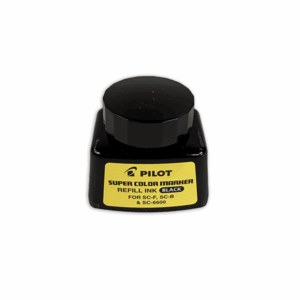 A bottle of Pilot Super Color yellow ink with a black cap.