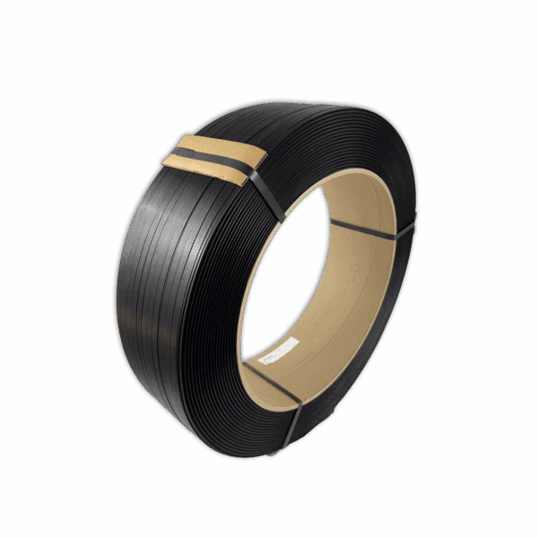 A coil of black plastic strapping tape with a tan core.