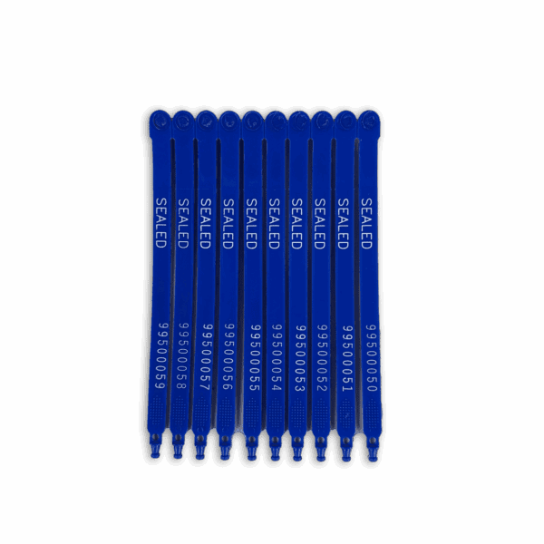 Set of blue plastic cable ties with white text and black locking heads.