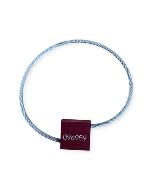 A silver bracelet with a small square purple charm.