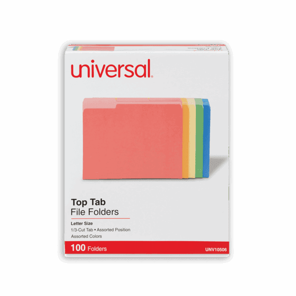 Universal brand colorful tab file folders in a pack.