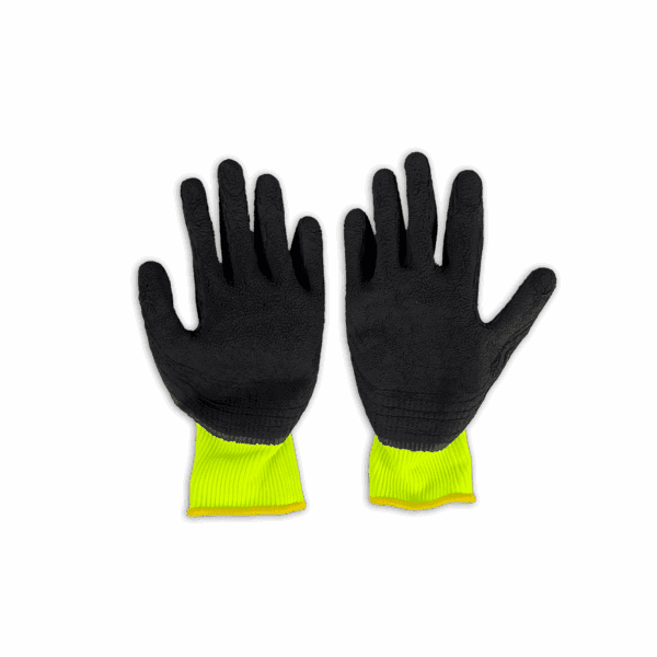 Pair of black gloves with fluorescent yellow cuffs.